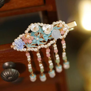 两侧发夹高端精致侧边短发耳边夹古风发卡流苏珍珠搭配旗袍的发饰