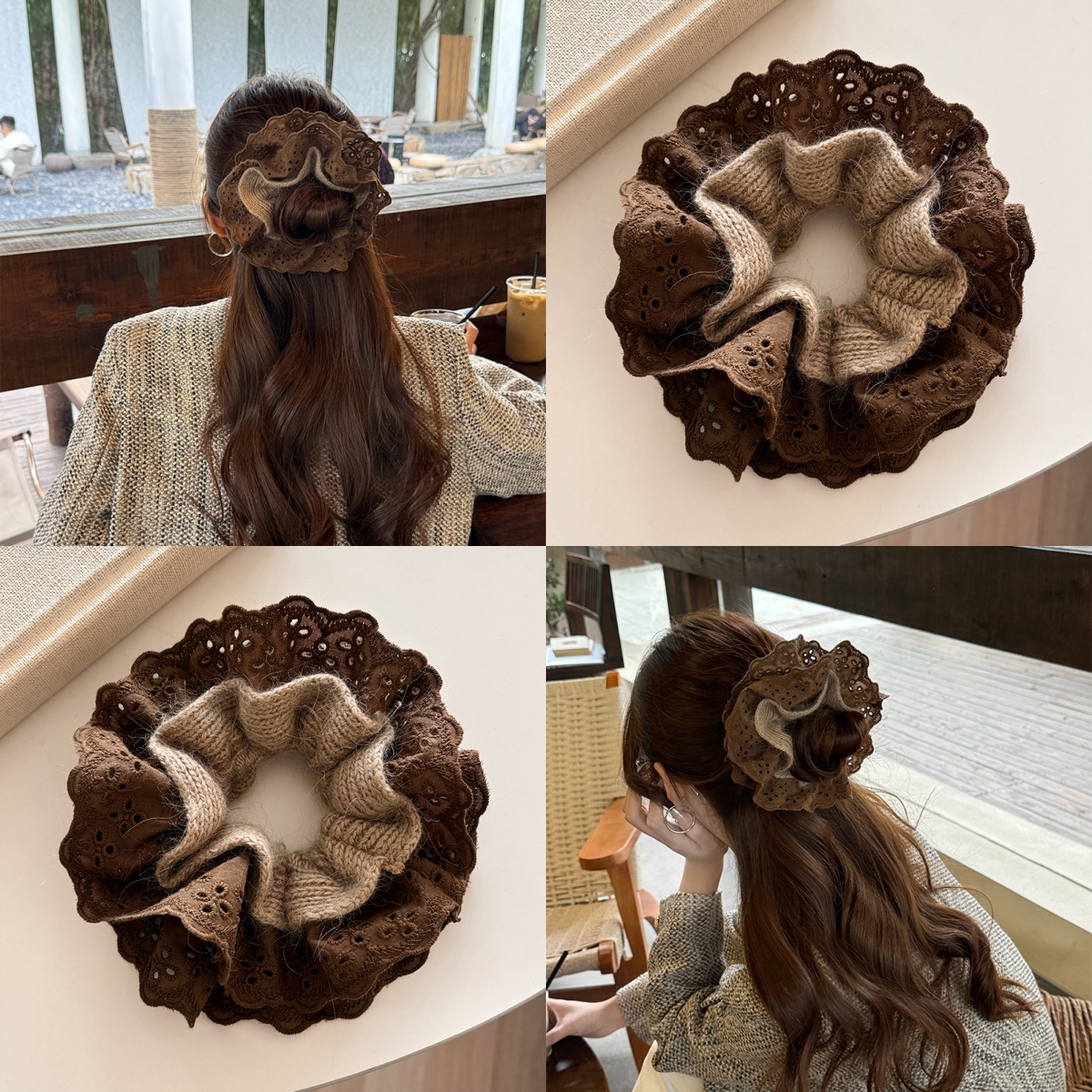 秋冬慵懒风蕾丝毛线针织大肠发圈女高级感复古小众丸子头发绳头饰