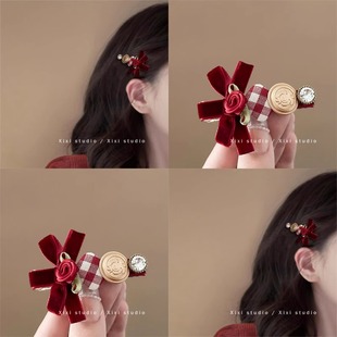 冬季纽扣发夹甜美少女侧边刘海夹复古红色蝴蝶结圣诞发饰新年头饰