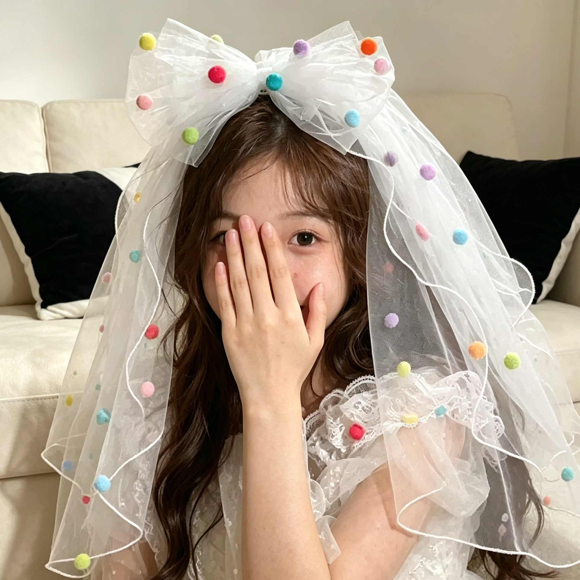 韩国ins风蝴蝶结多巴胺彩球头纱发夹女孩儿童生日帽拍照道具装饰