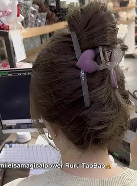 小众设计AB版紫色爱心蝴蝶结抓夹高级灰透色鲨鱼夹后脑勺盘发夹子