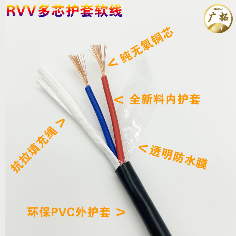 纯铜RVV家用电源线2芯3芯4芯x0.5 0.75 1 1.5平方2.5软护套线监控