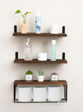 木制墙上置物架浴室浮动隔板壁挂架带储物篮多层洗漱用品收纳架