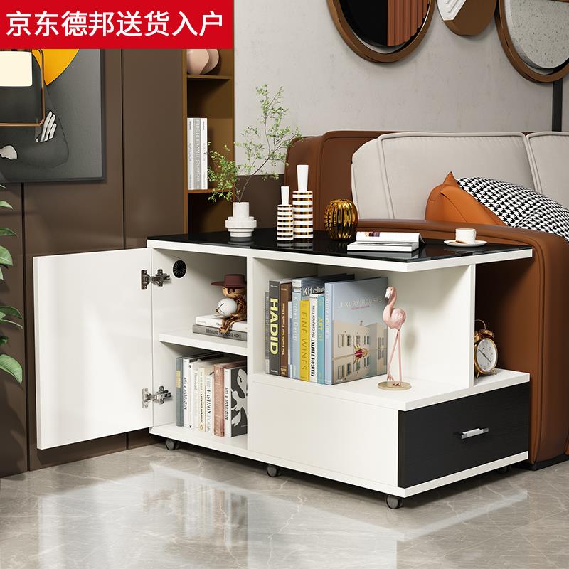 轻奢钢化玻璃沙发边柜简约现代茶几柜储物收纳柜客厅移动边几带轮
