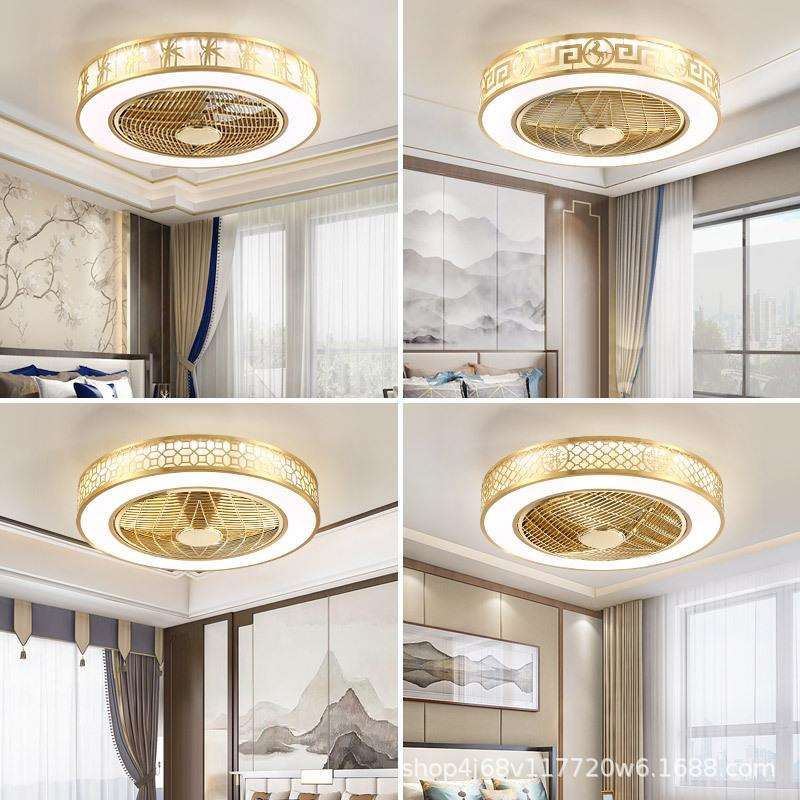 新中式全铜吸顶灯简约圆形客厅餐厅吊扇灯复古卧室书房隐形风扇灯