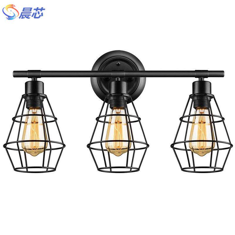 跨境美式复古铁艺笼子三头镜前灯浴室客厅卧室床头创意农舍壁灯