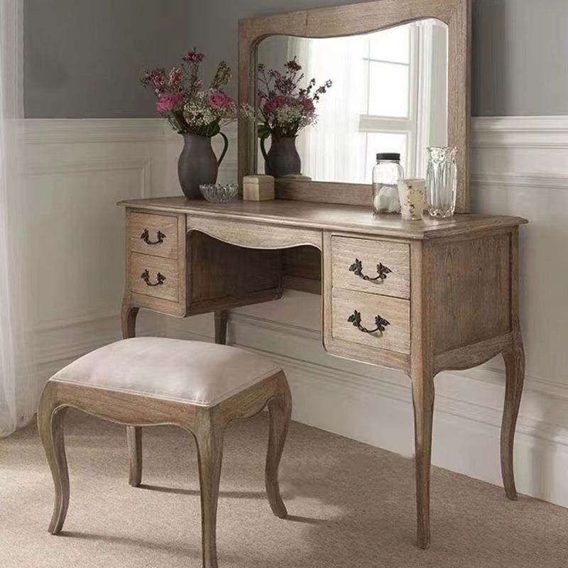 美式乡村仿古带镜梳妆台欧式简约复古化妆桌法式卧室家具实木凳子
