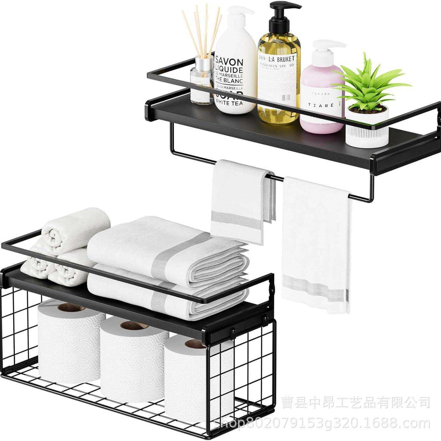 现货浮动搁架壁挂式浴室毛巾架 客厅墙上置物架 铁木结合木质悬挂