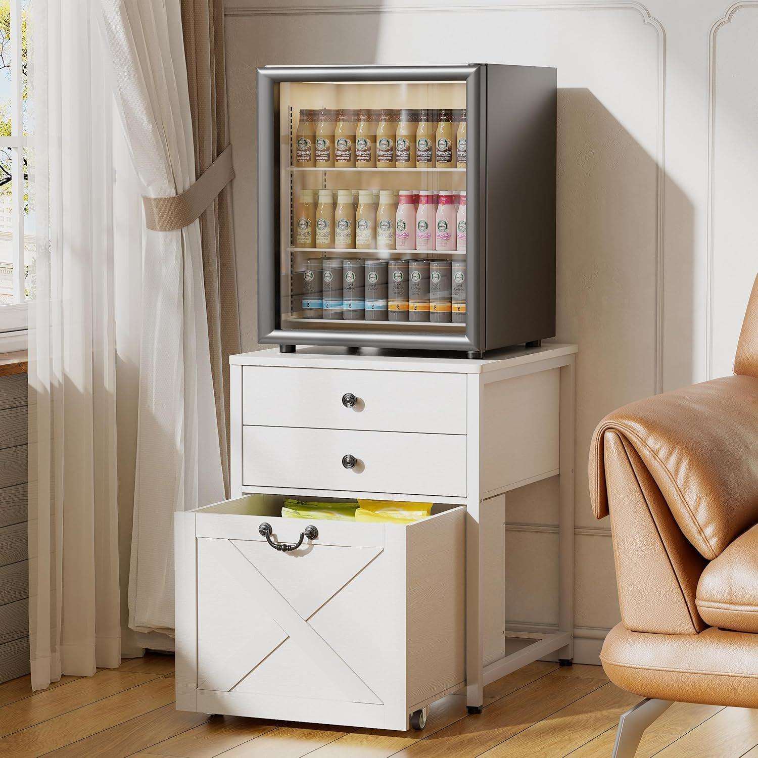 迷你冰箱支架带储物空间，带金属框架的3抽屉移动车，收纳架边桌