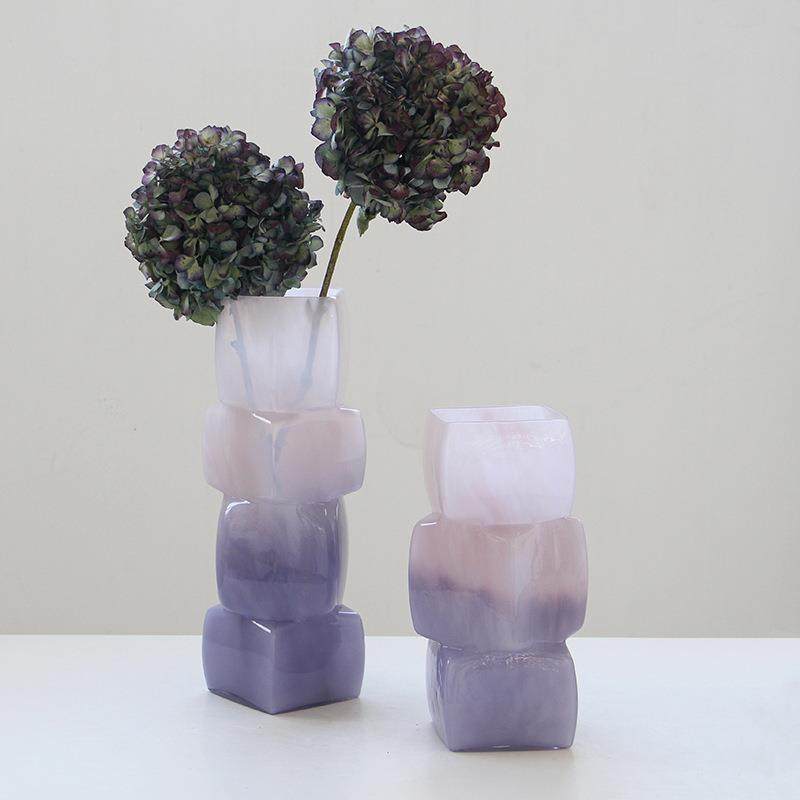 中古风渐变彩色几何方块花瓶餐桌软装酒店电视柜台面装饰玻璃摆件