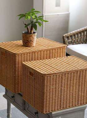 收纳箱仿藤编大号盖衣服整理箱子衣帽间储物箱收纳筐日式风格
