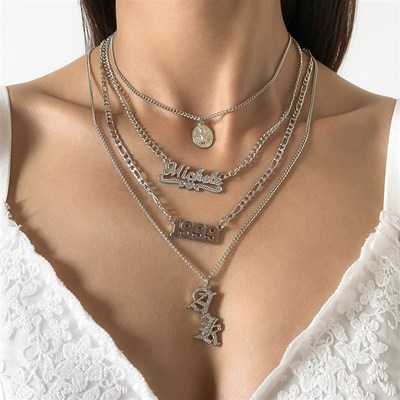 极速.. Retro letter full diamond multi-layMer tassel necklac