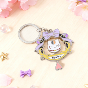 夏目友人帐 猫咪老师斑蝴蝶结花篮旋转珐琅钥匙扣夏目友人帐周边