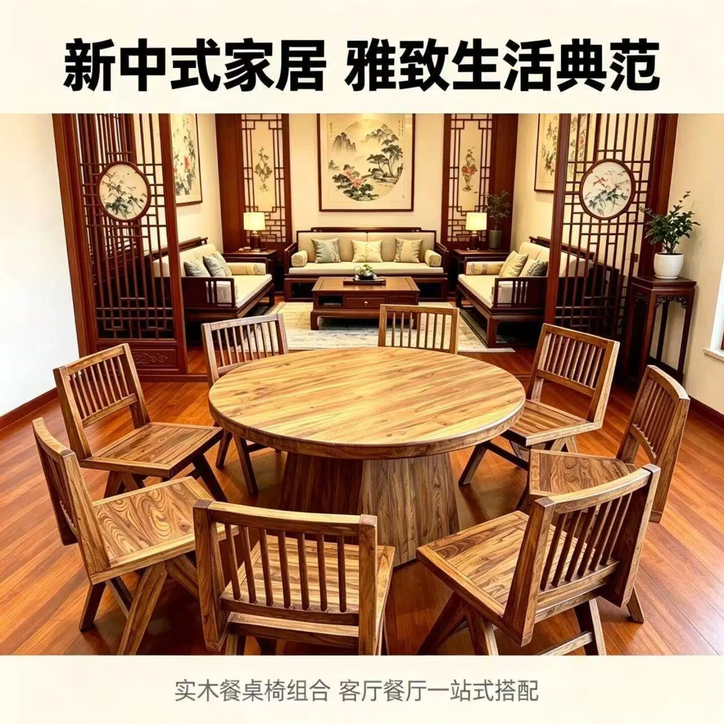 老榆木新中式实木圆桌餐桌椅组合客厅餐厅一体式搭配榆木凳子椅子