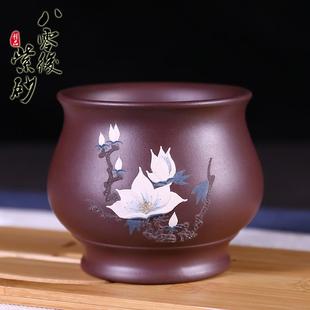 大号紫砂主人杯泥绘堆绘品茗杯名家手工双层防烫大容量茶杯口杯