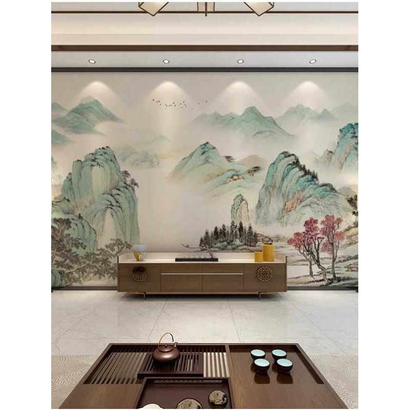 富春山居图新中式客厅电视背景墙纸餐厅沙发装饰壁纸墙布山水壁布
