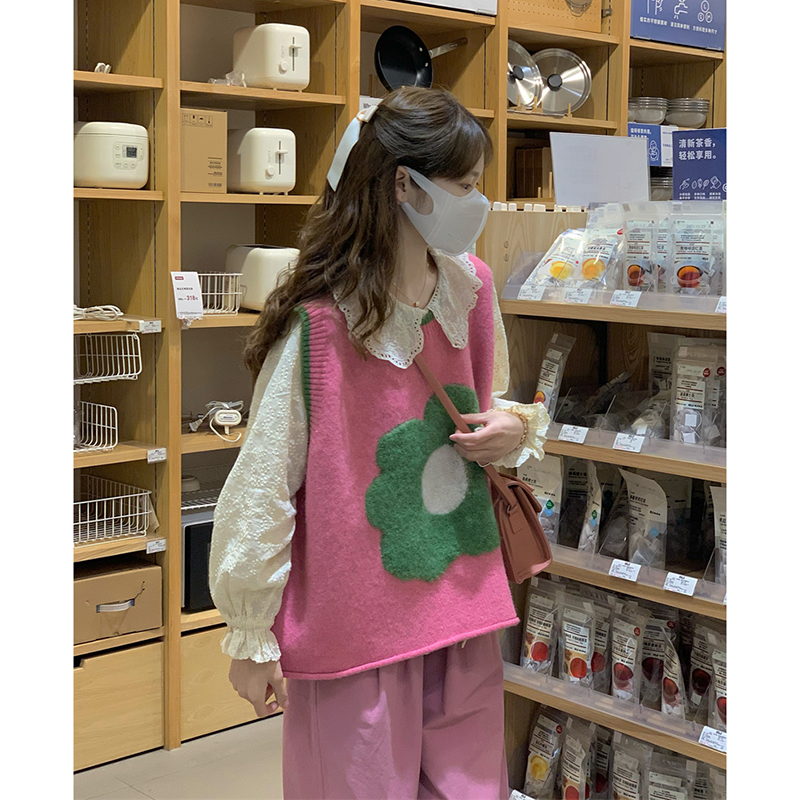 极速设计感e叠穿针织衫娃娃领衬衫搭配马甲春季新款少女系毛衣马