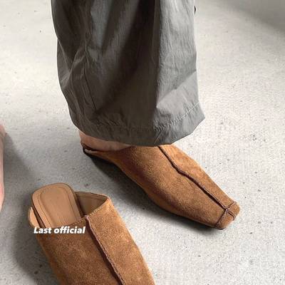 极速十三行吴小姐复古绒面方头显瘦时尚包头半拖鞋U女百搭平底手