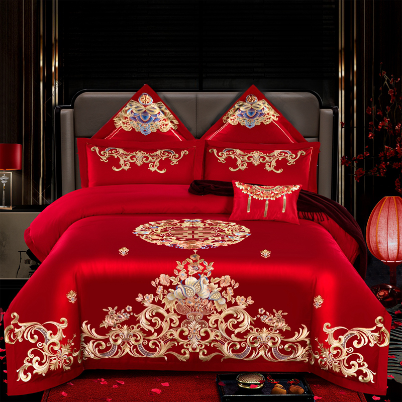 极速结婚大红色被套全棉四件套婚房E刺绣多件套婚庆床上用品纯棉