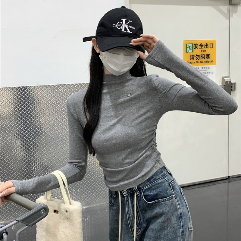 极速韩版半高领褶皱设计感内搭w打底长袖T恤上衣女装2024早春新款