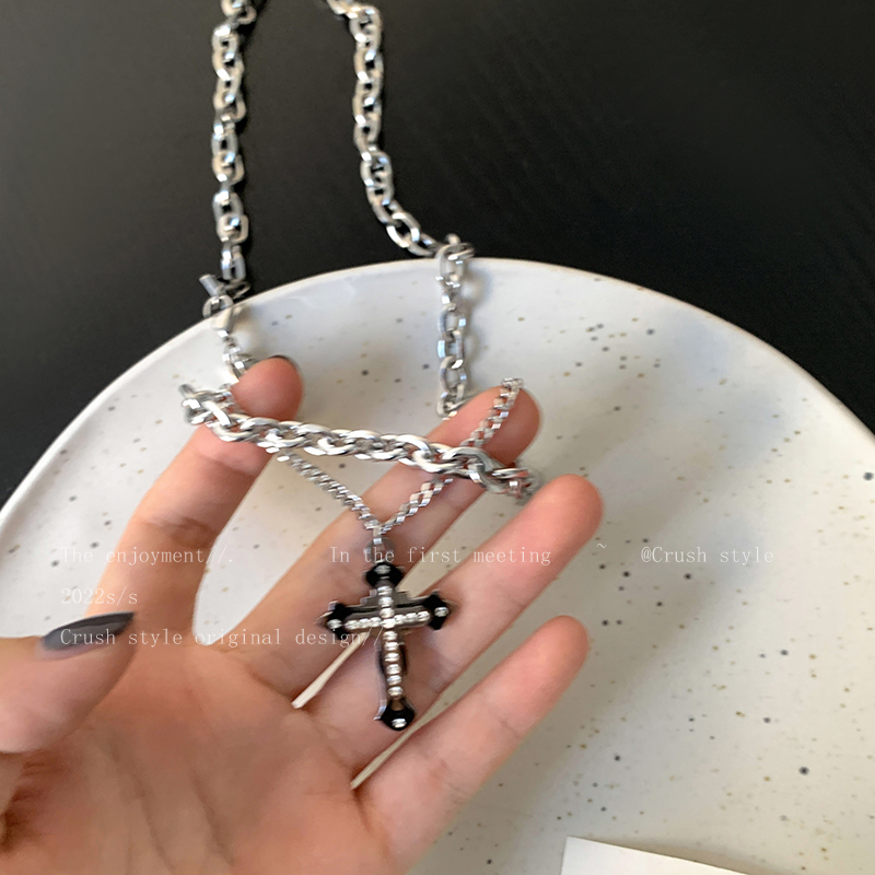 极速钛钢双层拼接十字架卫衣链女款t恤G项链ins嘻哈风锁骨链潮甜