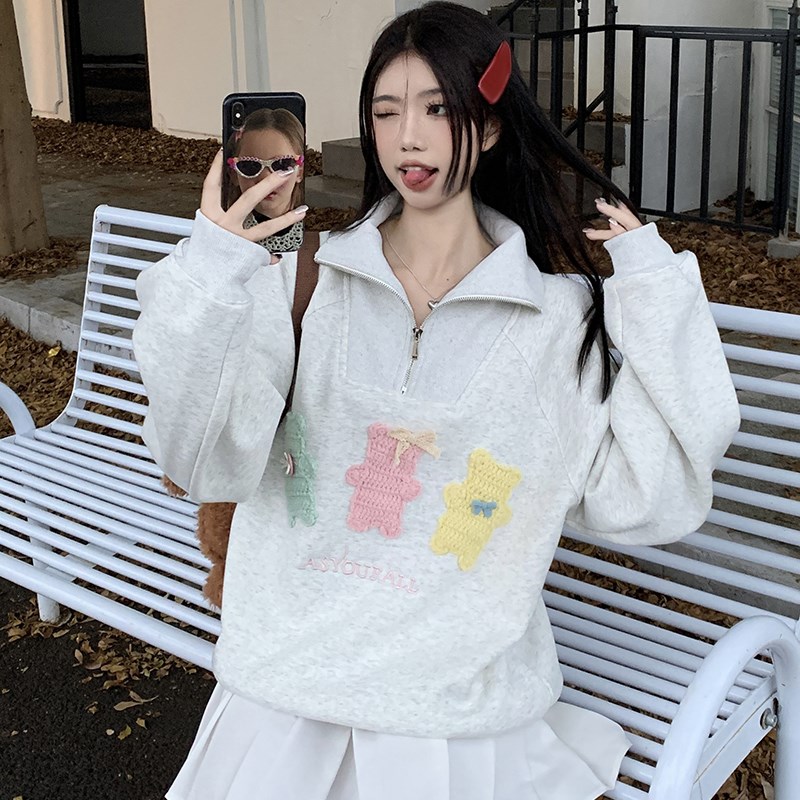 极速美式复古灰色刺绣翻领长袖卫衣D女装秋冬半拉链宽松中长款休