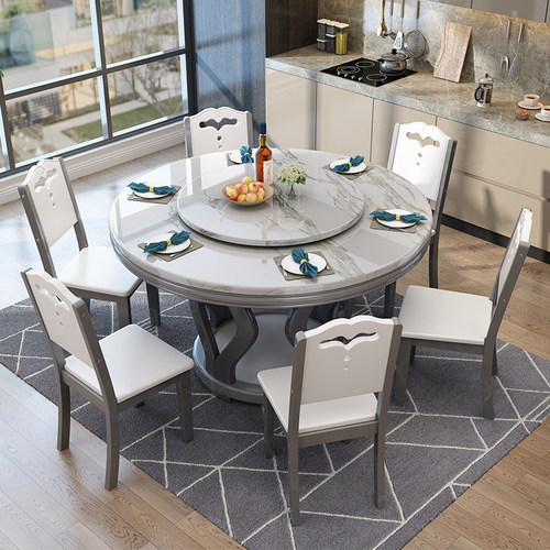 极速大理石餐桌北k欧圆桌带转盘饭桌圆形实木家用电磁炉火锅餐桌