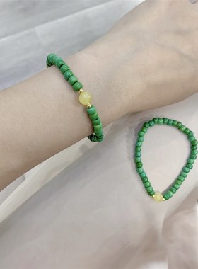 极速橄榄军绿色色菱镁矿搭t配天然蜜蜡珠子单圈女款手链  衬肤色