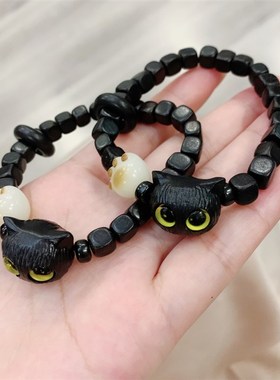 极速黑檀木方糖搭配纹p理小猫猫单圈女款手链 菩提根猫爪 甜美系