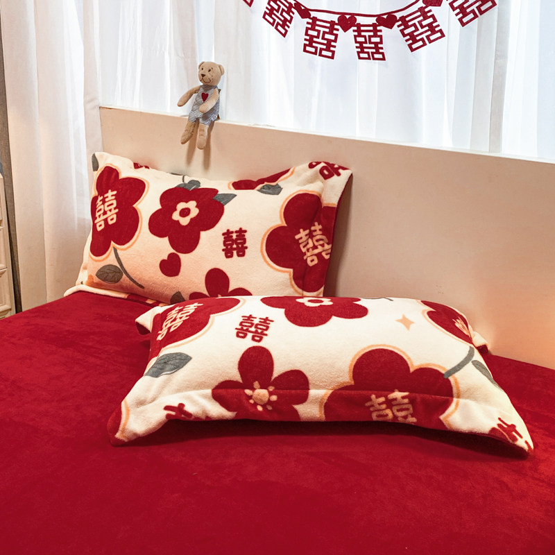 极速新品冬季牛奶绒婚庆四件组结婚大红色加N厚珊瑚绒被套新婚房