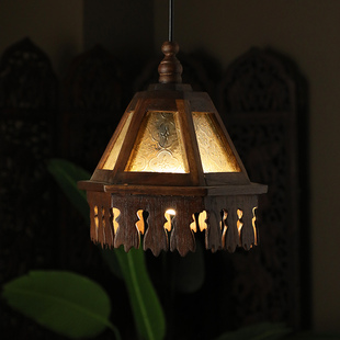 极速东南亚风格 餐厅w茶室吧台阳台复古氛围实木吊灯玻璃 灯具泰式