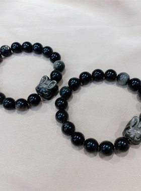 极速天然b银曜石搭配小兔子单圈女款手链 女款猫眼黑曜石银色猫眼