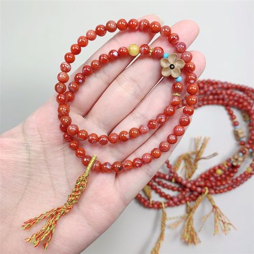 极速天然川料南h红玛瑙两圈女款手链 搭配桃木梅花 女款南红玛瑙