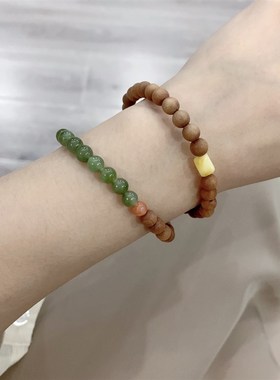 极速天然和e田玉碧玉搭配老山檀蜜蜡南红两圈女款手链 文玩盘玩手