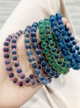 极速天然彩色蓝粉绿黑糖心玛w瑙圆珠女款手链 女款水晶手串 糖果