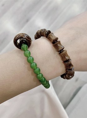 极速檀木竹节搭配碧绿色玉髓女x款两圈女款手链 檀木跑环 小众手