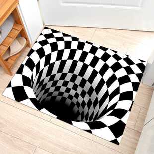 视觉立体客厅地毯黑色格子幻觉陷阱地垫3D错觉旋涡螺旋茶几脚垫