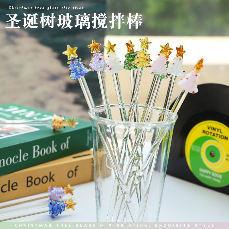 跨境调酒棒圣诞树玻璃搅拌棒可爱创意长柄果汁咖啡加长透明搅拌棒