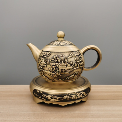厂家黄铜艺复古拉丝茶壶山水壶龙凤茶壶办公室家居工艺品摆件