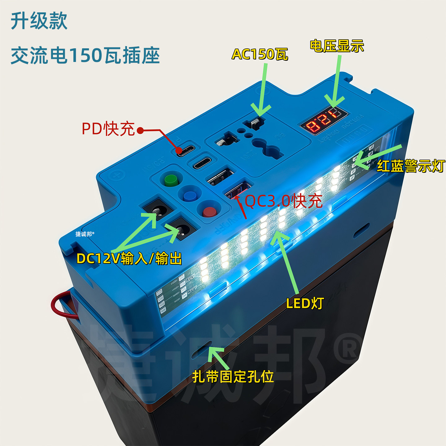 12V电瓶改装移动电源20A外壳USB/PD双快充LED警示灯150瓦220插座 - 实物图