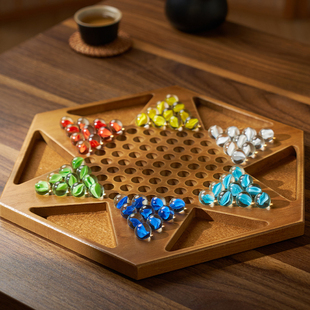 跳棋木质棋盘玻璃珠子儿童益智二合一棋盘大号跳棋成人版玛瑙跳棋