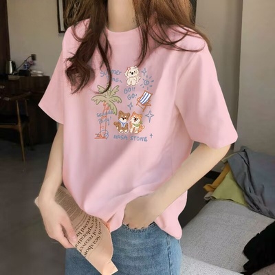 纯棉欧货杏色设计感正肩短袖t恤