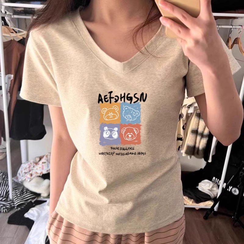 纯棉正肩粉色V领t恤短袖女夏季修身设计感收腰短款辣妹上衣欧洲站