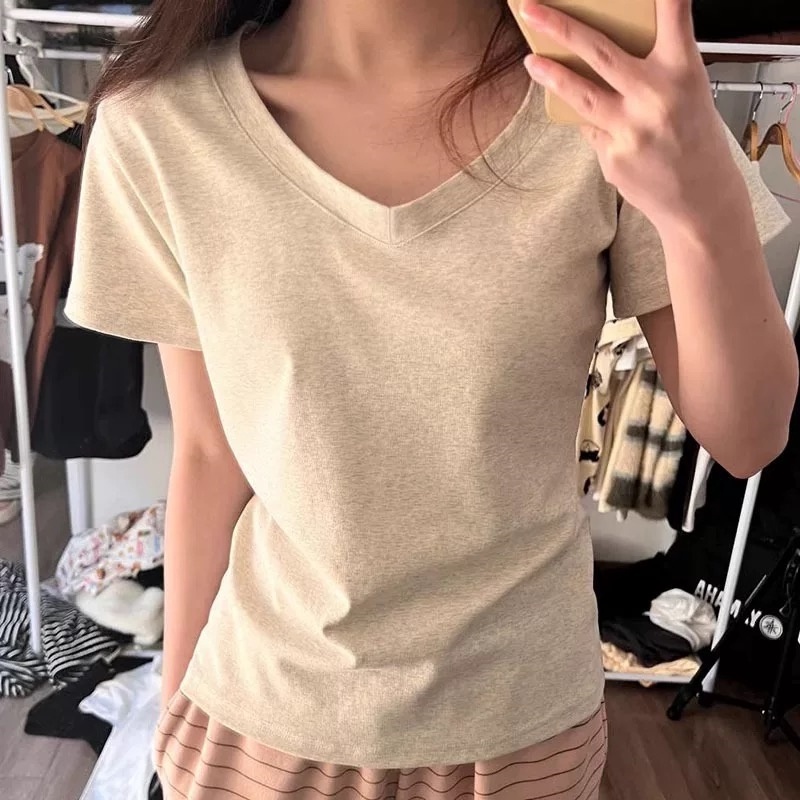 夏季V领正肩纯棉短袖T恤女韩版减龄显瘦白色爆款鸡心领打底衫上衣