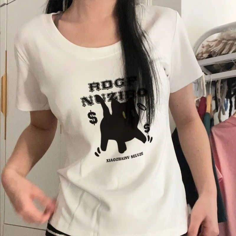 纯棉白色短袖正肩女t恤夏季u领打底衫2025新款修身显瘦时尚上衣潮