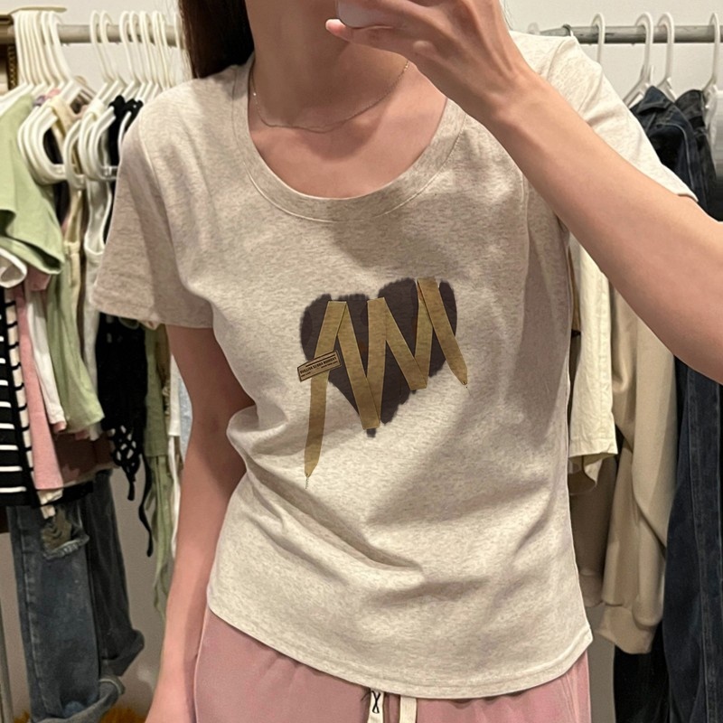 夏季2025新款u领正肩t恤竹节棉短袖女修身女士体恤减龄薄款小上衣