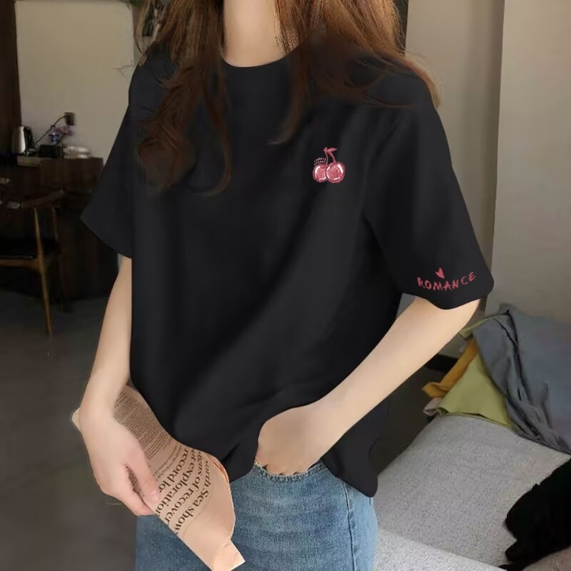 纯棉粉色多巴胺正肩短袖T恤女2025夏新款宽松时尚印花基础上衣ins