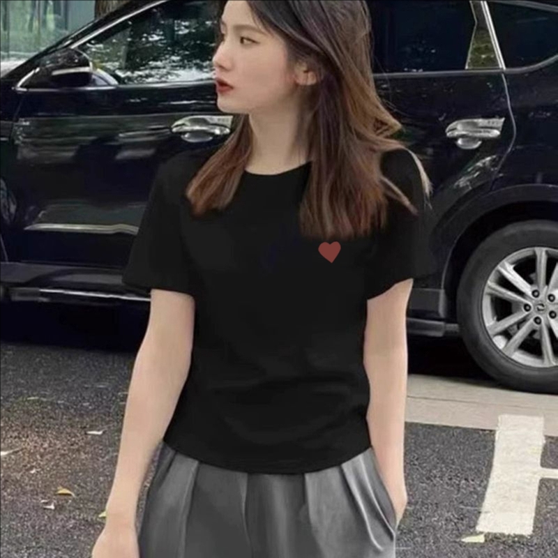 纯棉2025夏季新款白色爱心印花短袖t恤女修身显瘦正肩小个子上衣