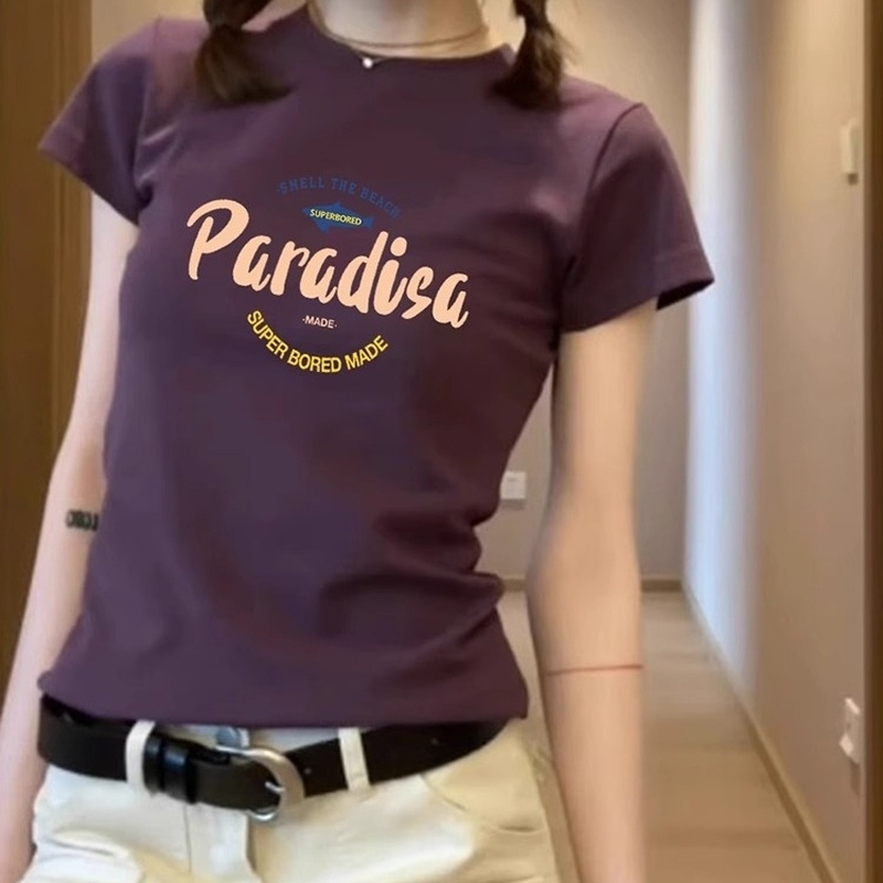白色正肩短袖t恤女2025新款爆款夏季印花修身高腰小个子短款上衣
