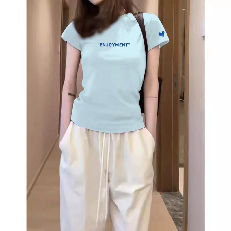 纯棉正肩短袖t恤女夏季薄款2025新款修身显瘦设计感半袖体恤上衣